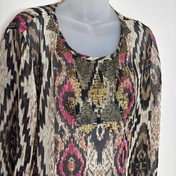Chicos 3 Womens XL Tunic Blouse Multicolor Paisley Long Sleeve Chiffon Top beads - Picture 2 of 5